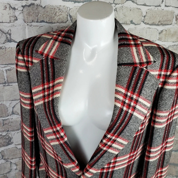 Vintage Men's Wool Blazer Red Black White Plaid 43 Regular Oversized - Picture 3 of 16